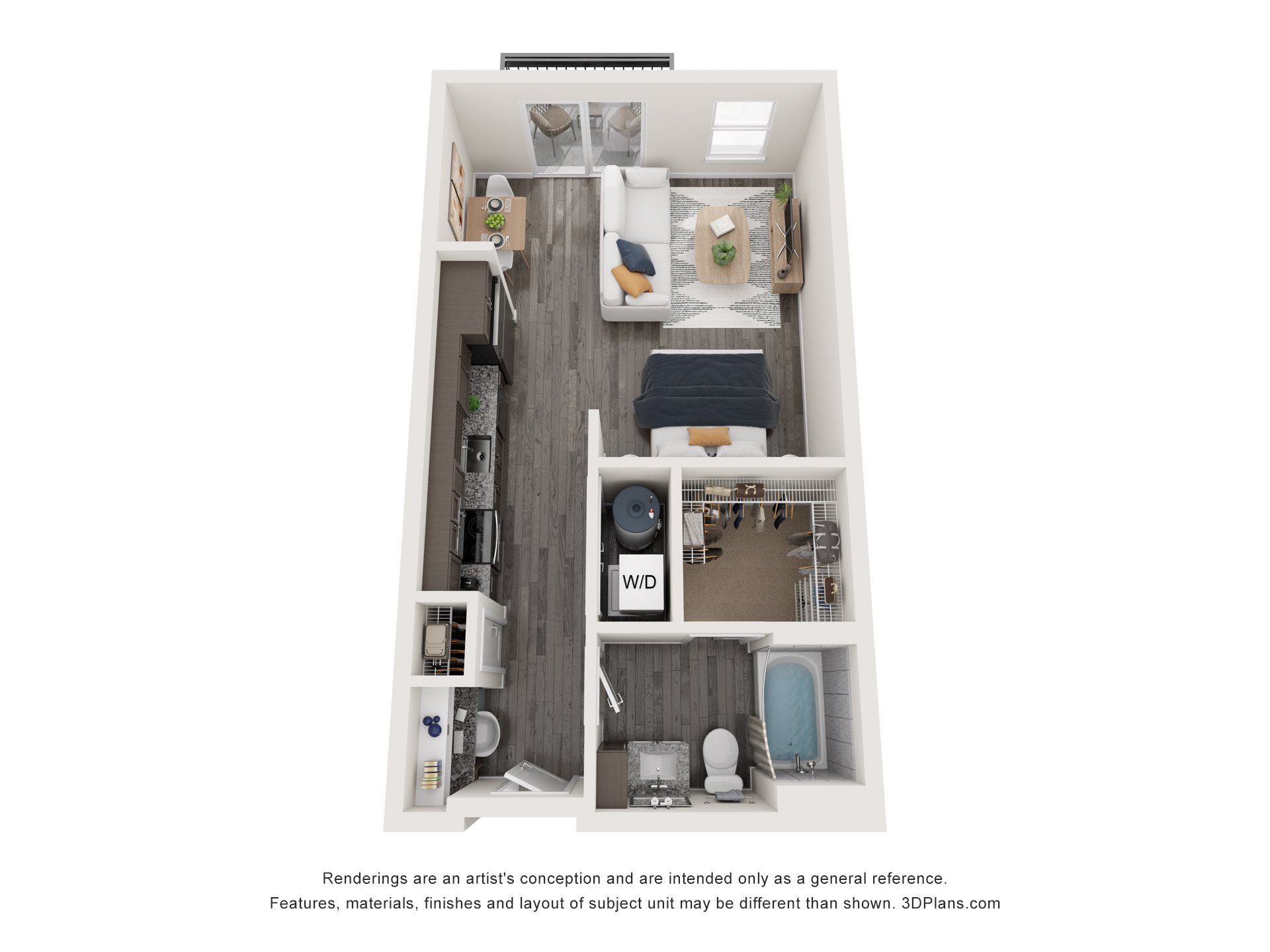 Floor plan for studio, 1 bath, 566 sqft